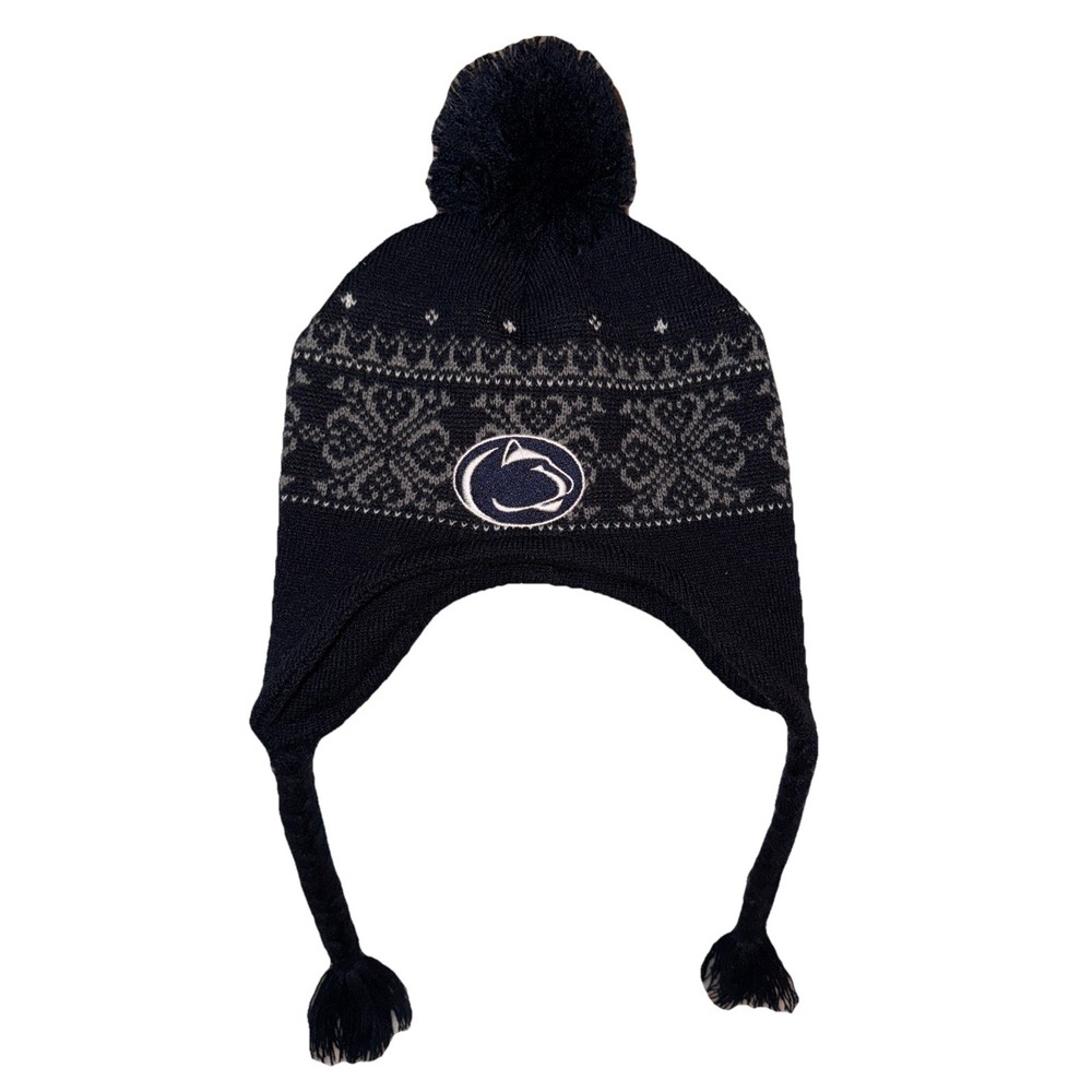 Penn State Winter Trapper Hat Fair Isle Pom Pom Tassels Youth One Size Navy